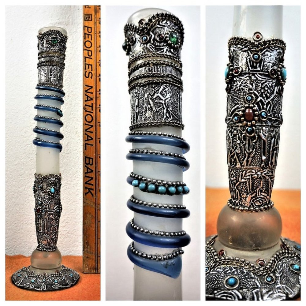 14 inch Tall Art Nouveau Cast Glass and Jeweled Silver Bud Vase